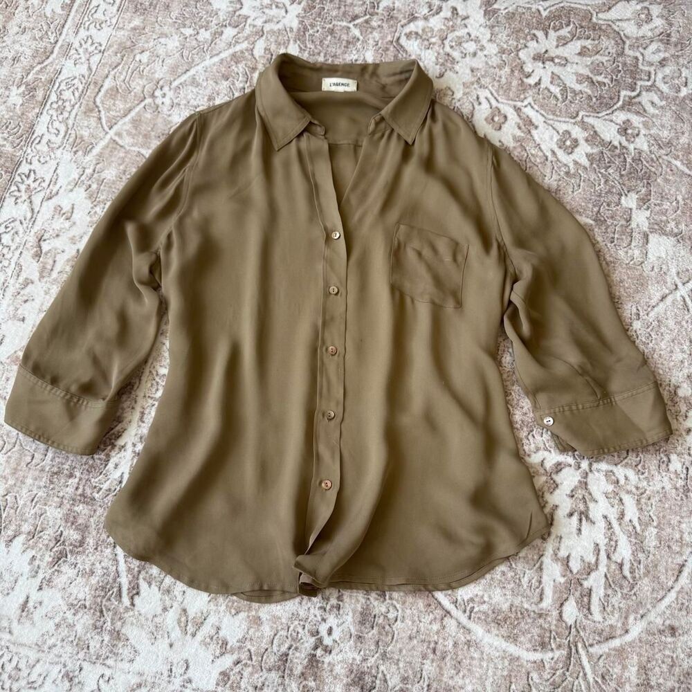 Lagence 100% Silk Olive Blouse Button Up